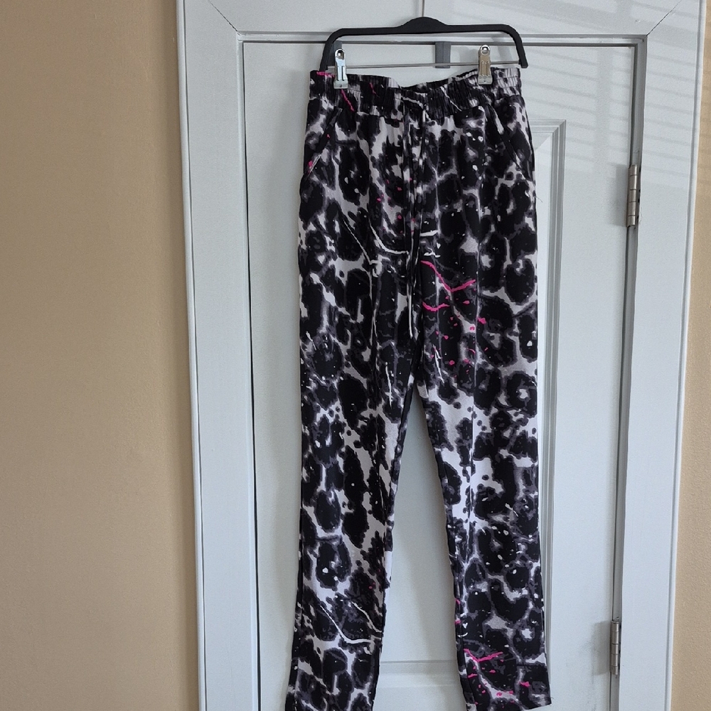 Nicki Minaj Black & White Leopard Print Straight Leg Pants with Pink Accents